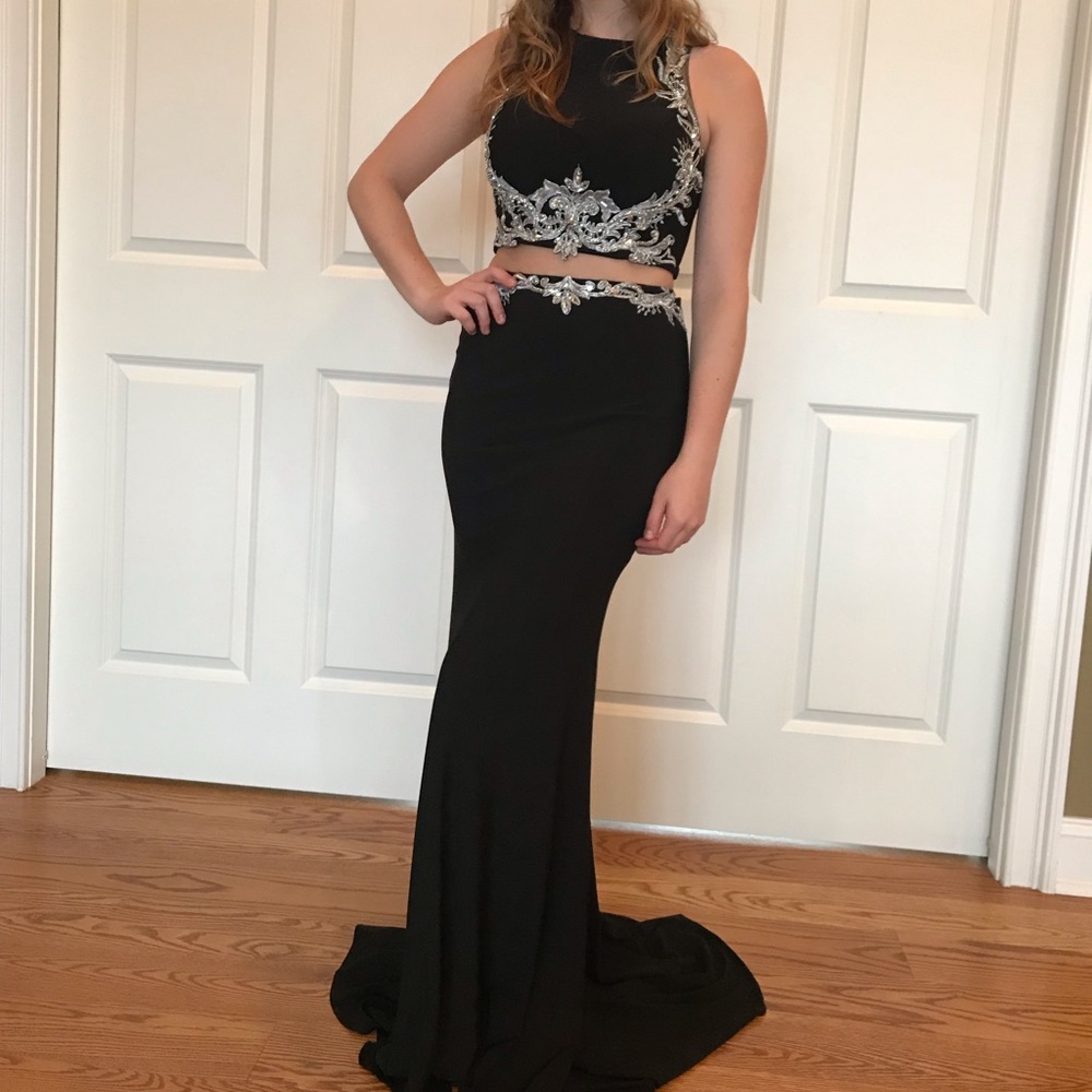Black and Silver Jeweled Two Piece Prom/Maxi Dress